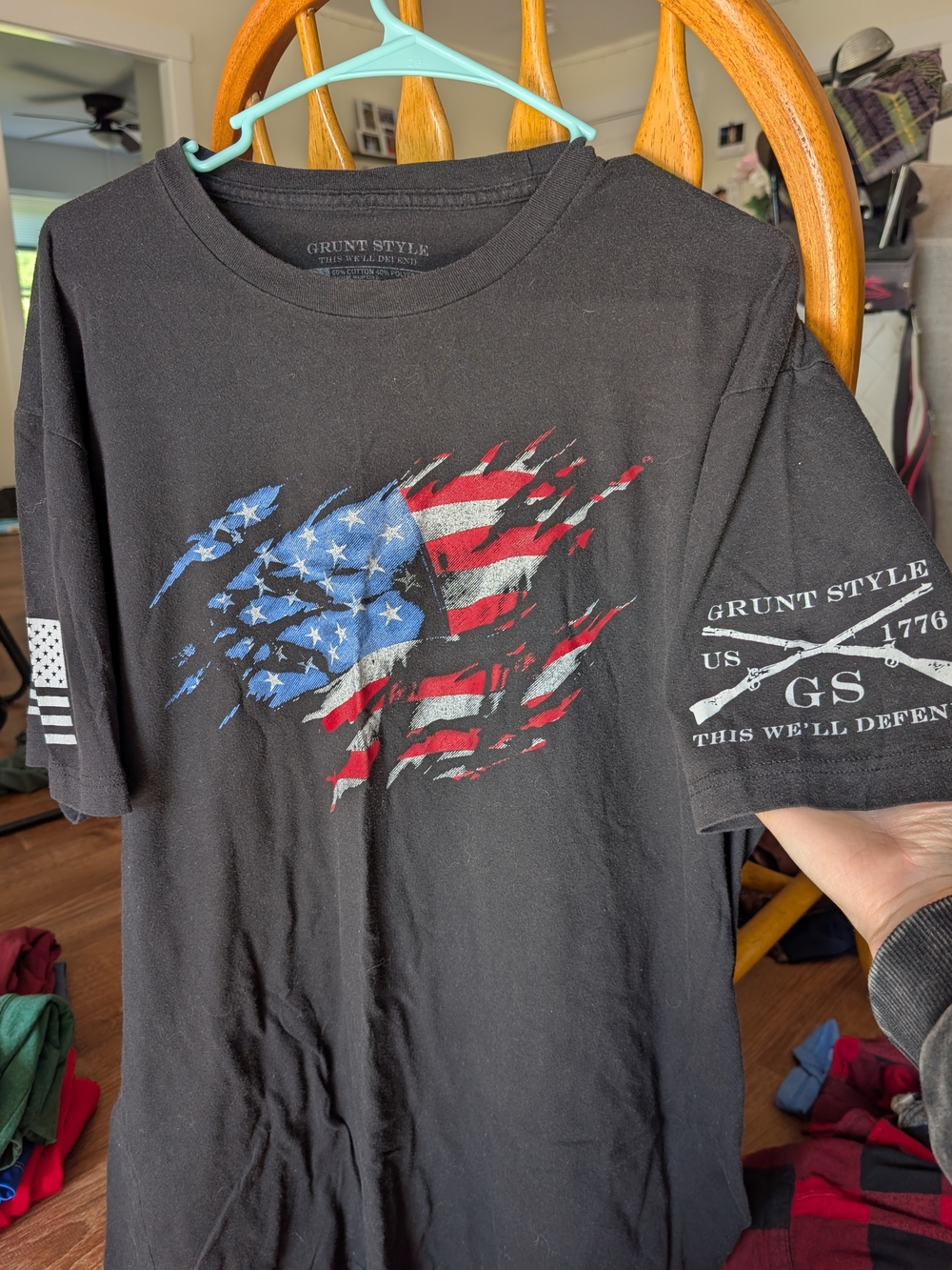 Grunt Style Black Tee with Distressed American Flag Graphic XL